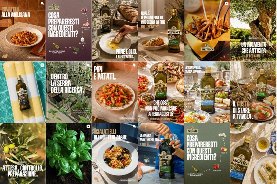 Griglia di contenuti Filippo Berio tra ricette, prodotto e messaggi editoriali